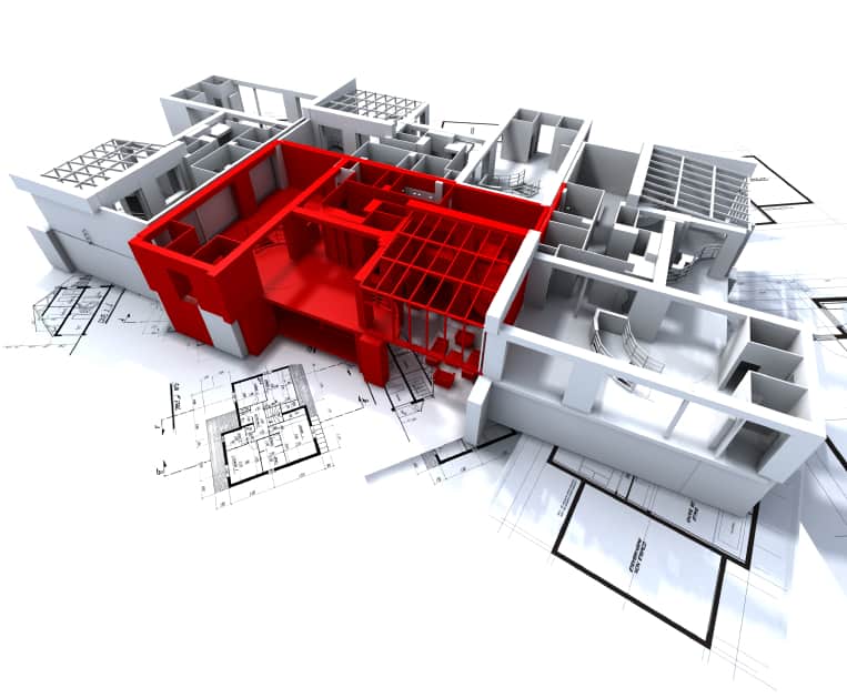 Red apartment mockup on blueprints